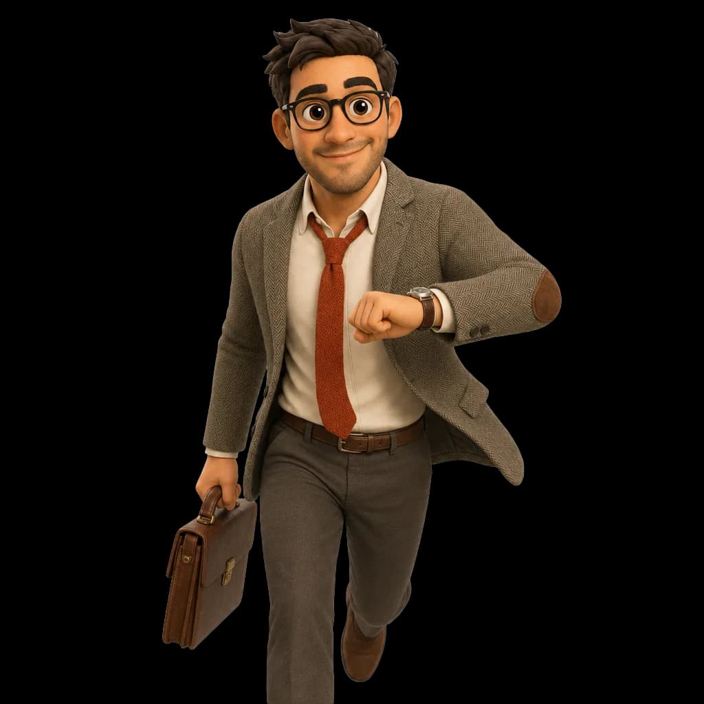 Mr Credit pressé, mallette à la main, qui regarde sa montre