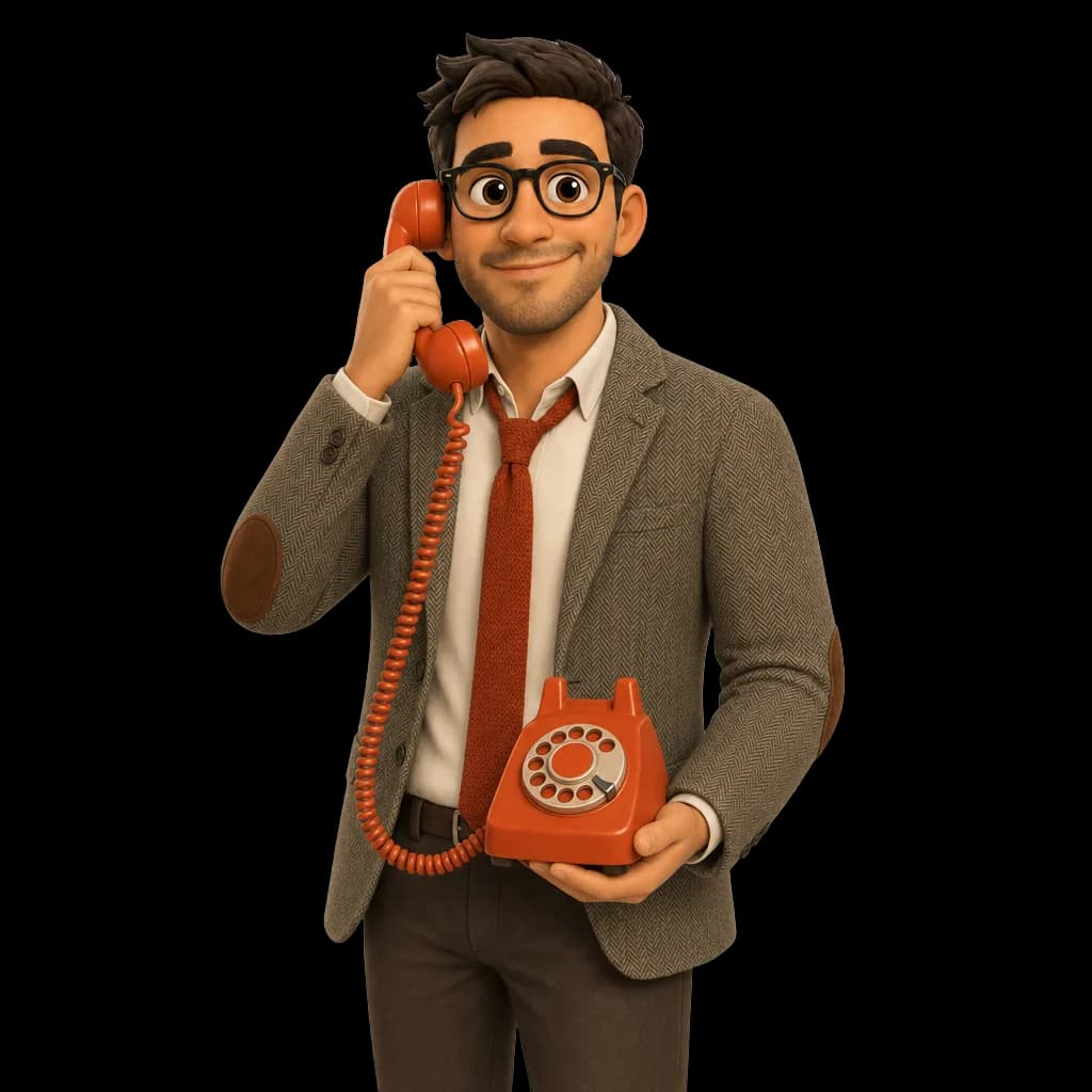 Mr Credit au téléphone, un combiné orange à l'oreille