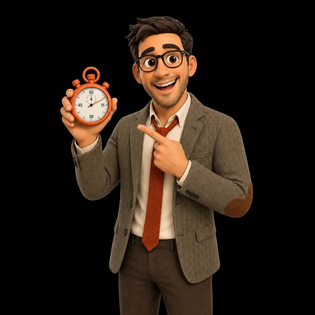 Mr Credit qui brandit un gros chronomètre orange