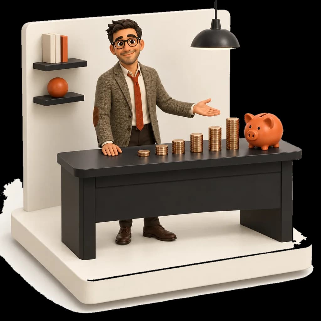 Mr Credit derrière un comptoir où six piles de pièces montent comme des marches jusqu'à une tirelire orange
