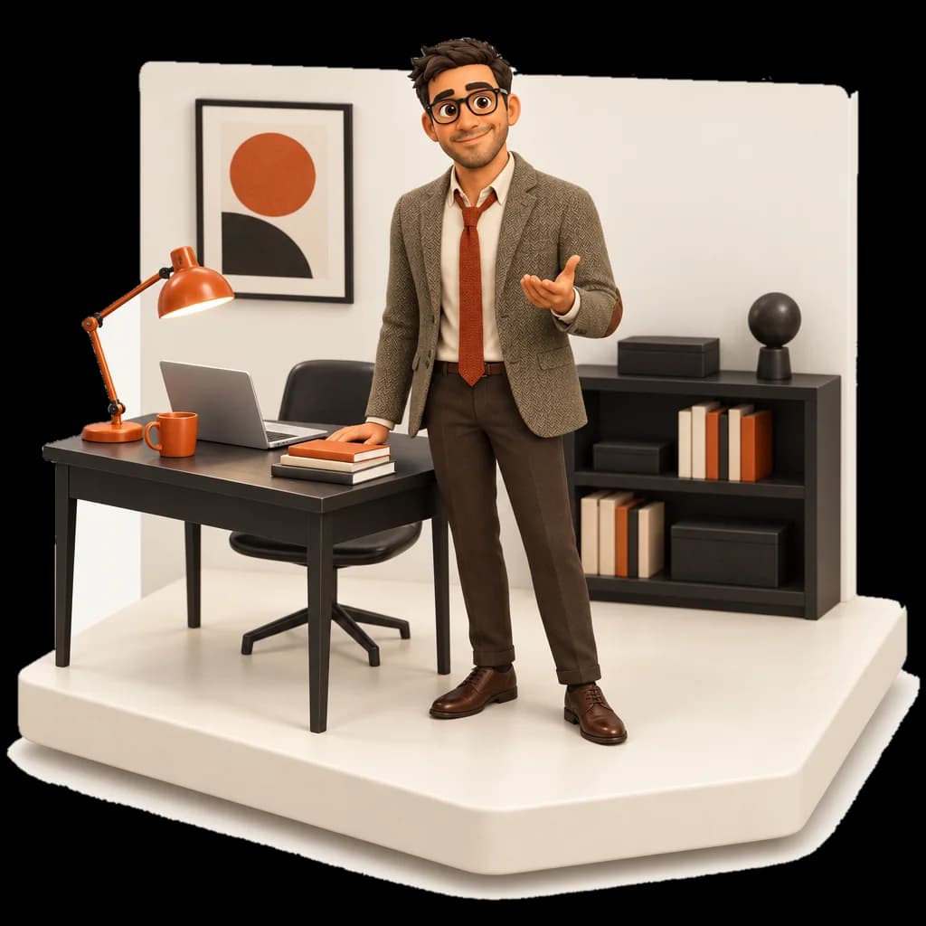 Mr Credit dans son bureau, debout à côté d'un pupitre avec un ordinateur portable, une lampe orange et une pile de livres