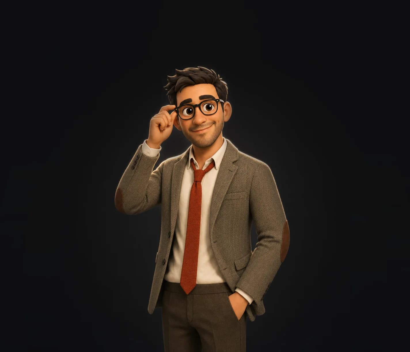 Mr Credit, un personnage 3D amical en veston de tweed à coudières, cravate orange et lunettes noires
